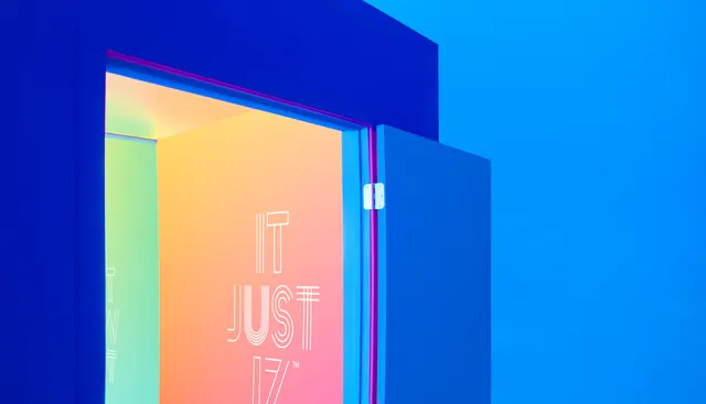 Neon gradient 3D box Nike "Just Do It" mockup, 3d-render, gradient-heavy, vibrant