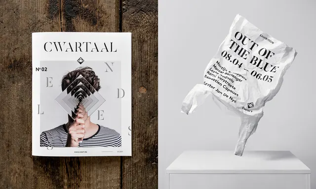 Editorial branding mockup featuring Cwartaal magazine and poster, editorial, photographic, monochrome