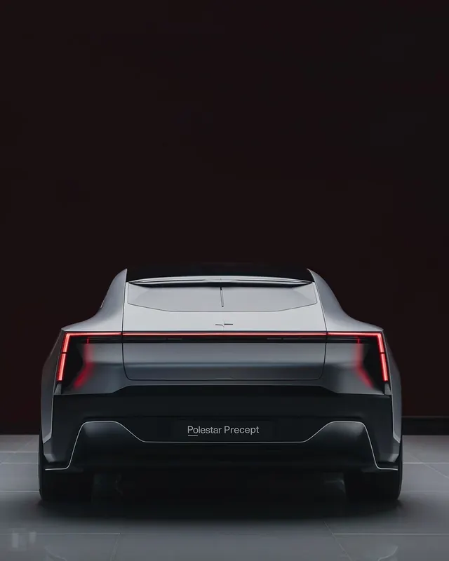 Luxury automotive product photography — Polestar Precept rear view, minimal, technical, dark