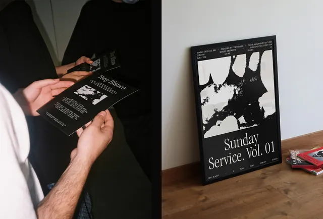 Zine or publication mockup spread with black poster, editorial, photographic, dark