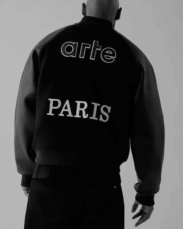 arte PARIS" Bomber Jacket Product Shot, photographic, minimal, dark