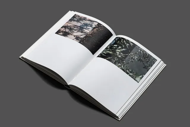 Editorial publication open spread mockup, minimal, monochrome, light