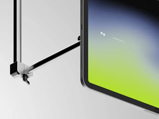 Device mockup with neon gradient screen, minimal, corporate-clean, gradient