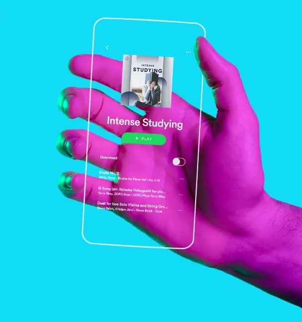 Neon digital app mockup with hands, gradient-heavy, playful, vibrant