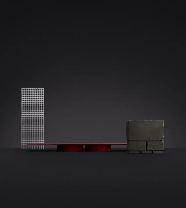 Minimalist furniture product arrangement, minimal, 3d-render, dark