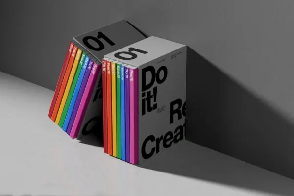 Colorful book stack product mockup, playful, 3d-render, vibrant