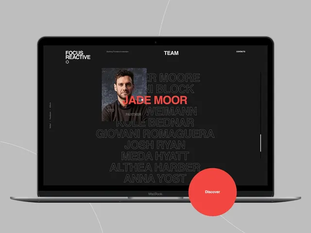 Focus Reactive team web page mockup, dark-mode, minimal, dark
