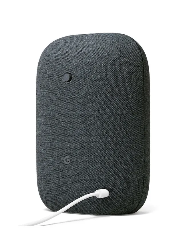 Google Nest Audio rear view, minimal, corporate-clean, dark