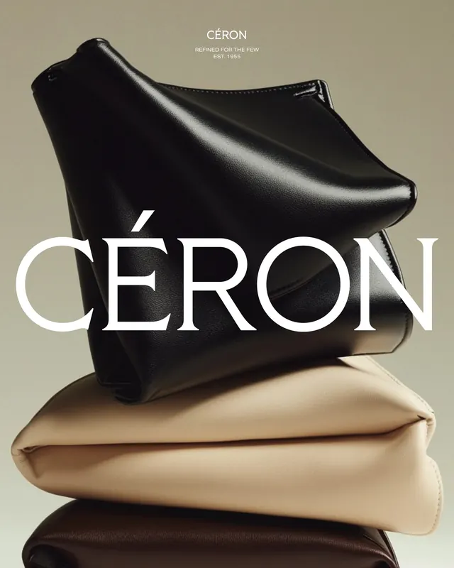 Céron luxury handbag product stack, minimal, luxury, dark