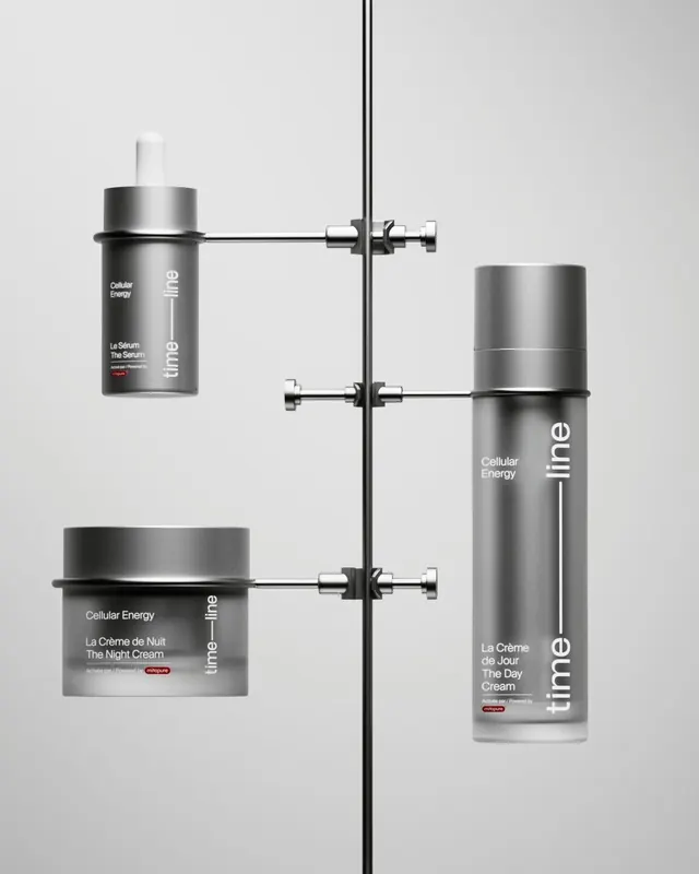 Skincare product line system with mirrored cross composition, minimal, swiss, monochrome