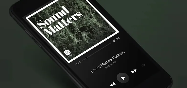 Podcast player UI mockup with marble texture, dark-mode, minimal, dark