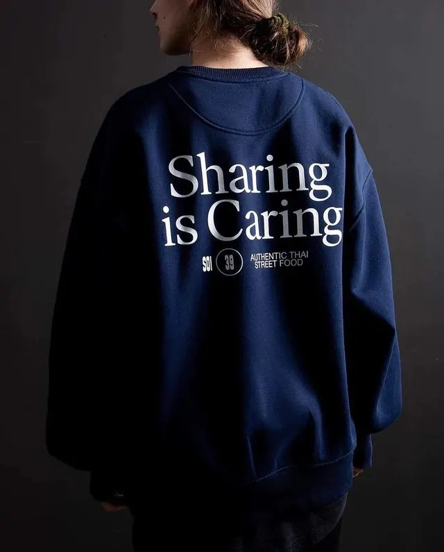 Navy sweatshirt with typography back print, photographic, clean, dark
