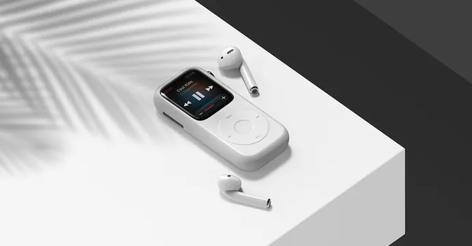 Minimalist product mockup with earbuds and device, minimal, 3d-render, monochrome