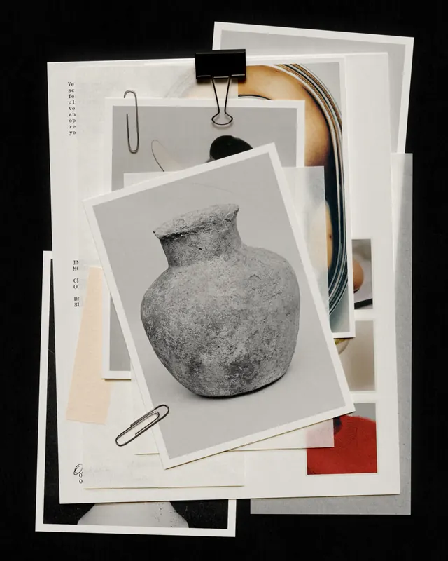 Layered paper collage mockup with pottery and abstract prints, minimal, collage, light