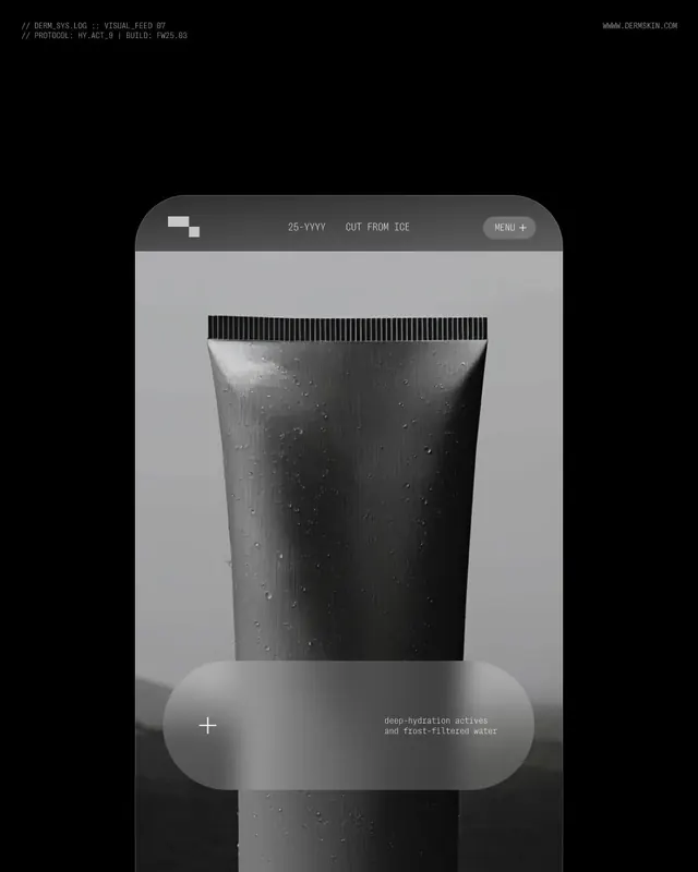Dark metallic skincare tube in frosted UI frame, minimal, dark-mode, dark