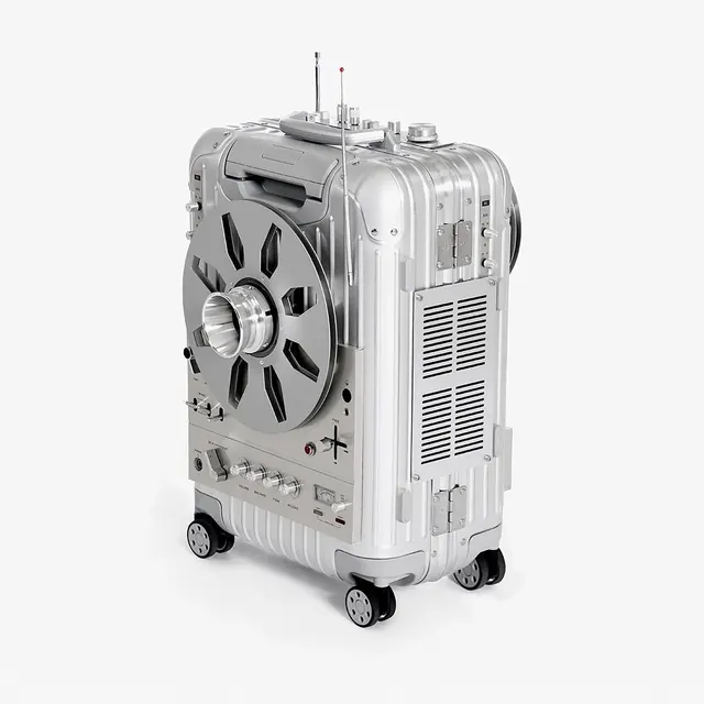 Rimowa suitcase product mockup, photographic, monochrome, light