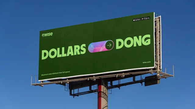 Wise fintech billboard with gradient accent, minimal, gradient-heavy, vibrant