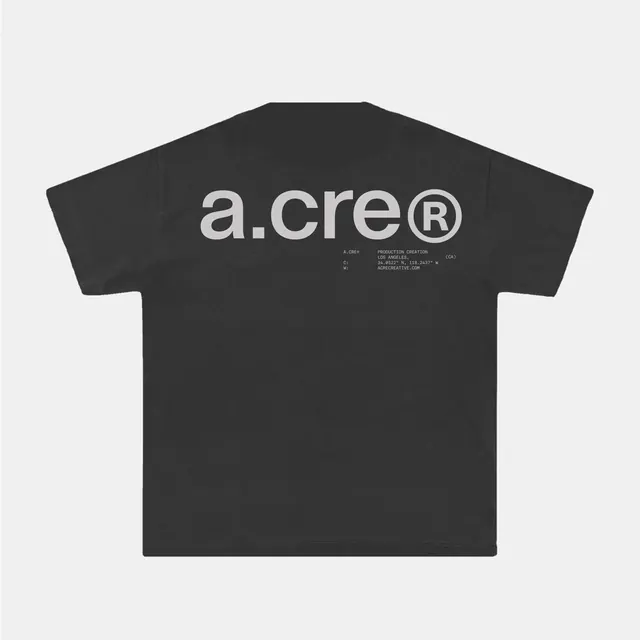 A.CRE brand t-shirt mockup, minimal, monochrome, dark