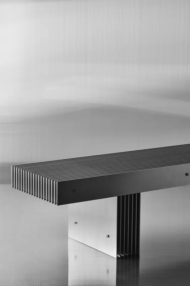 Grid bench product shot, minimal, technical, light