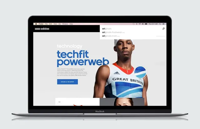 Adidas TechFit PowerWeb product showcase website mockup, corporate-clean, photographic, dark