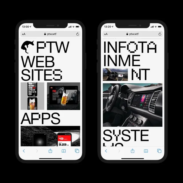 Mobile web design showcase dual-screen, editorial, brutalist, monochrome