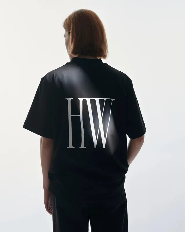 HW brand t-shirt back print, minimal, corporate-clean, dark