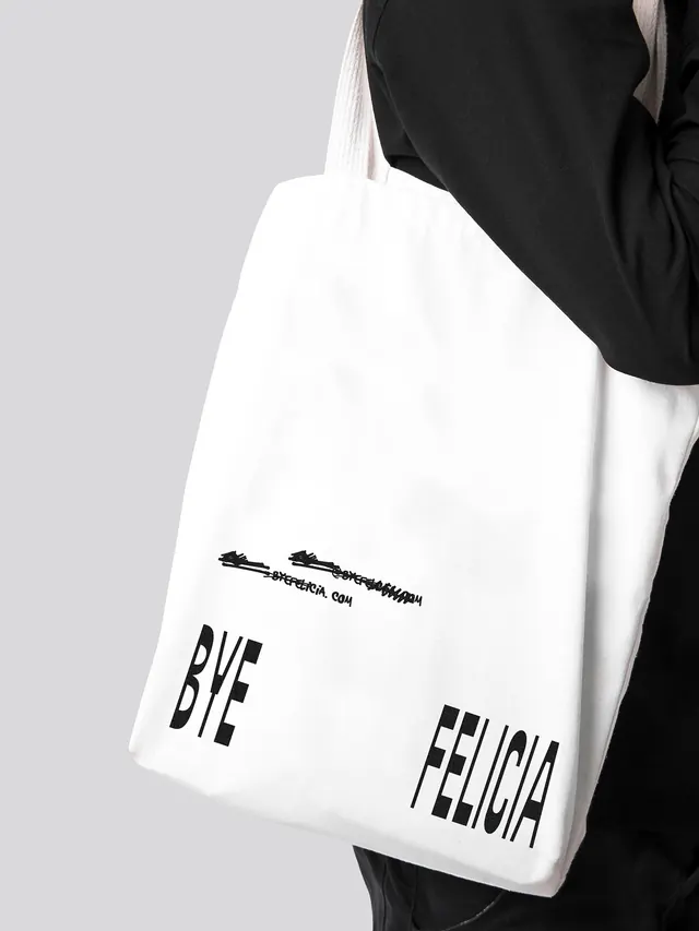 BYE FELICIA tote bag design, minimal, monochrome, light