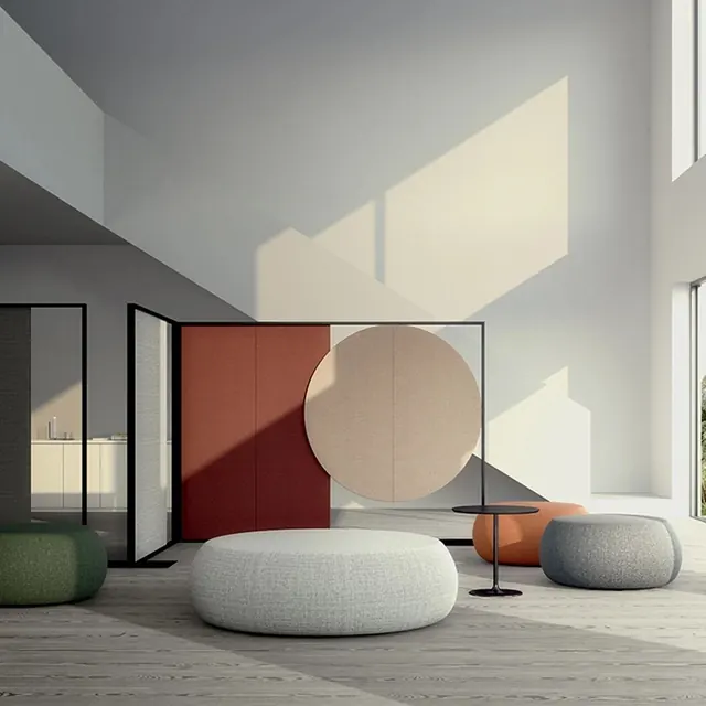 Minimalist office lounge with color accents, 3d-render, minimal, light