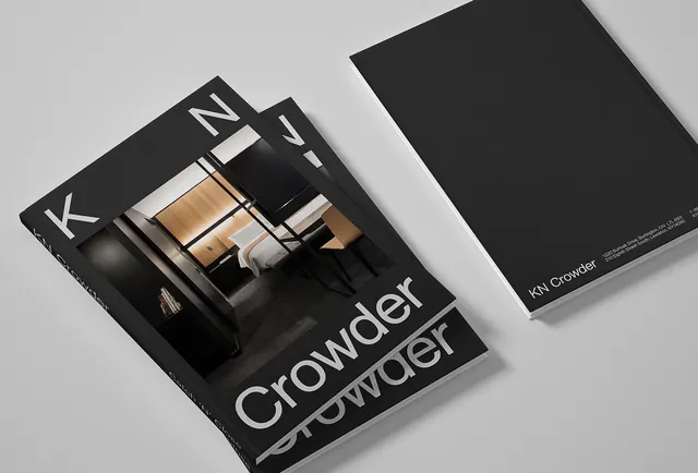 KN Crowder" luxury brand publication mockup, minimal, dark-mode, dark