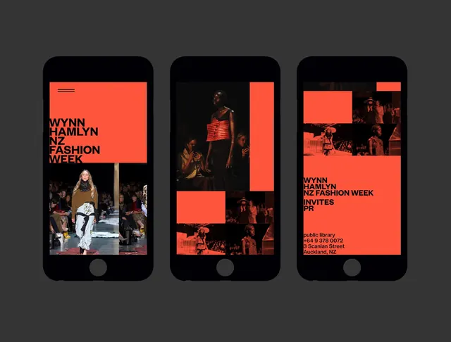 Wynn Hamlyn NZ Fashion Week iPhone mockups, minimal, editorial, dark