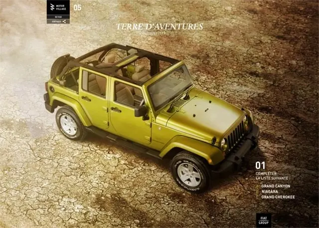 Yellow Jeep Adventure Catalog Cover, photographic, product-showcase, warm