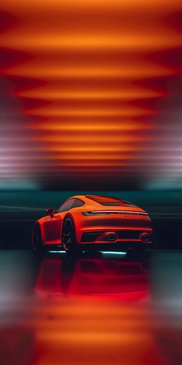 Porsche 911 rear three-quarter render, 3d-render, cinematic, dark