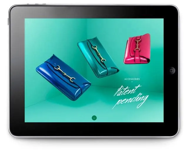 iPad mockup with floating handbag product shots, minimal, photographic, vibrant
