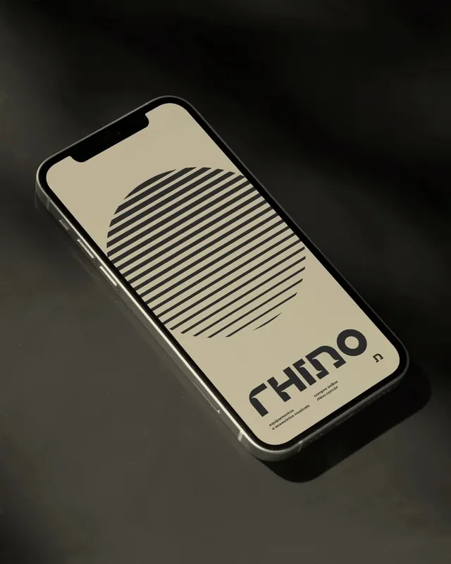 RHINO angled phone screen mockup with halftone stripe mark, minimal, technical, dark