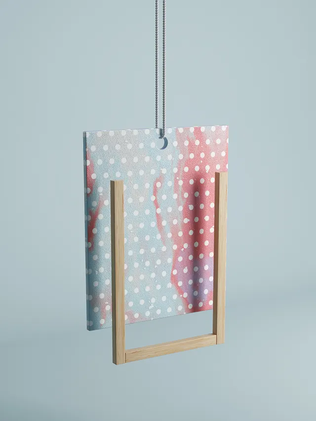 Fabric sample display frame mockup, minimalist, photographic, pastel