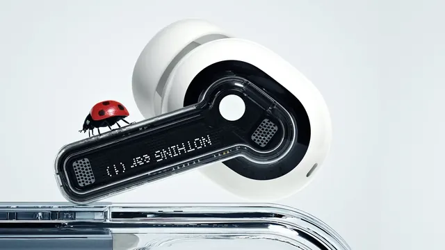 Nothing ear 1 earbuds product shot, technical, minimal, light