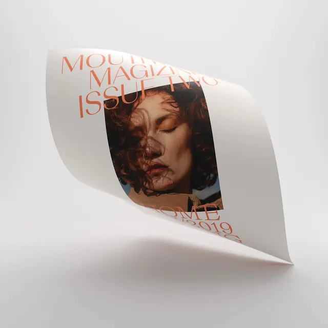 Mouth Magazine cover mockup with curved typography, editorial, photographic, light