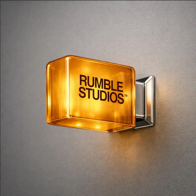 Rumble Studios neon sign, luxury, 3d-render, warm