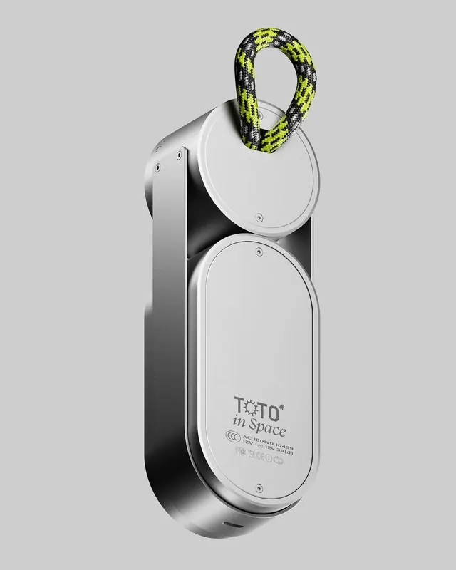Minimalist product speaker with rope handle, minimal, corporate-clean, monochrome