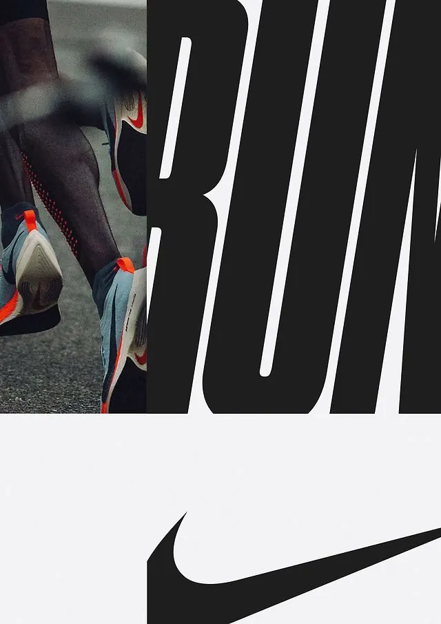 Nike swoosh with shoe product split composition, technical, minimal, dark