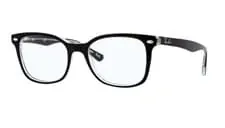 Classic black frame eyeglass product shot, minimal, swiss, light