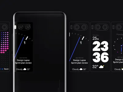 Meizu Pro 7 backscreen UI concept mockup, technical, minimal, dark
