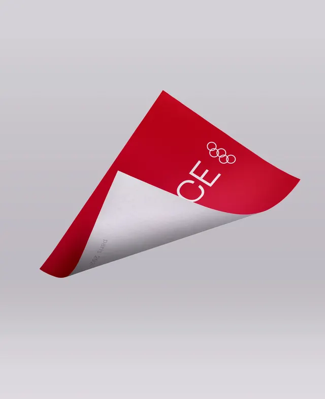 Red cone branding mockup with circular emblem, minimal, corporate-clean, light