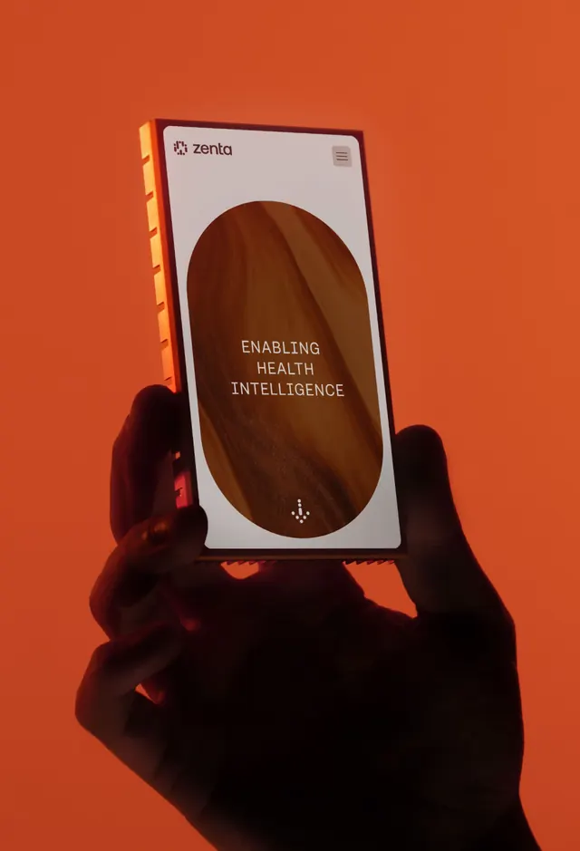 Health brand phone mockup on vibrant orange, photographic, gradient-heavy, vibrant