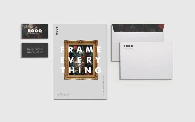ROOQ brand identity system with framing, minimal, swiss, monochrome