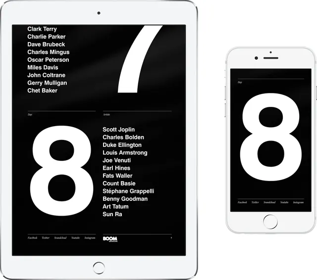 iPad jazz musician app layout mockup, minimal, monochrome, dark