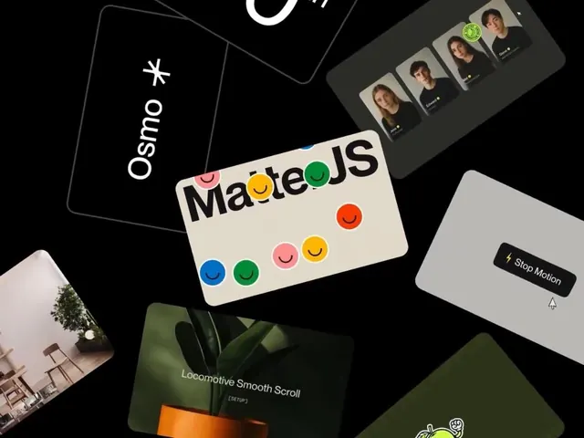 Web-animation library showcase with scattered rounded-rect cards on black, dark-mode, minimal, dark
