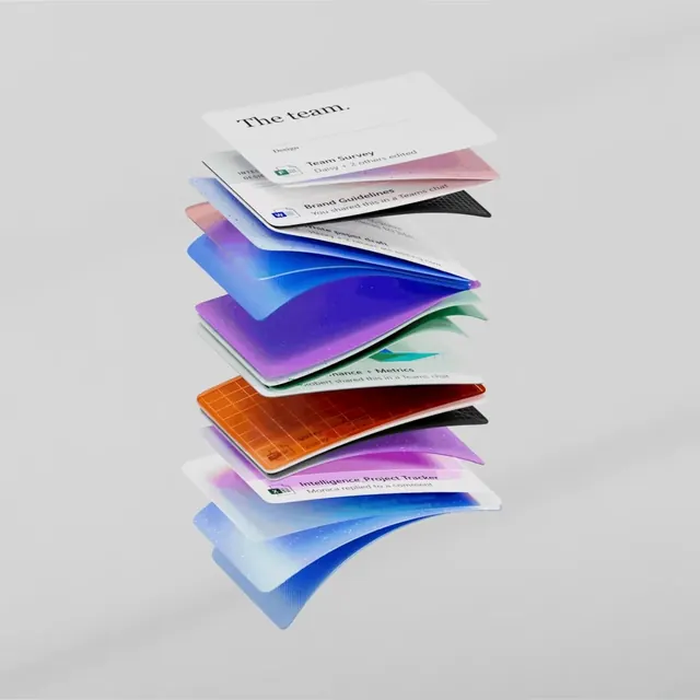 Microsoft Office Hub 2.0 stacked UI cards with gradient fills, gradient-heavy, modern, vibrant