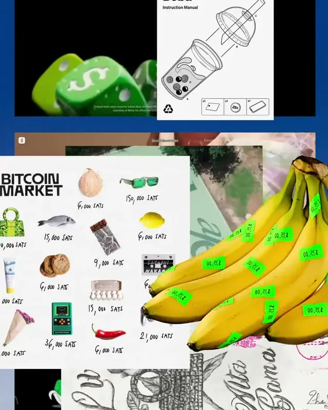 Mixed collage dice boba and bitcoin grid, maximalist, illustrated, vibrant