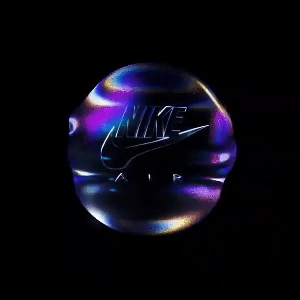 Iridescent Nike Swoosh Sphere, glassmorphism, gradient-heavy, dark